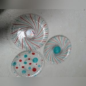 Set Of 3, Handcrafted Swirl Glass Art Plates - Red and Blue